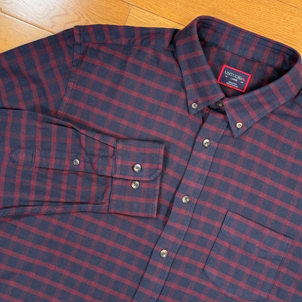 UNTUCKit Rully Navy Burgundy Plaid Flannel Shirt Mens Large Reg Fit - Picture 1 of 7